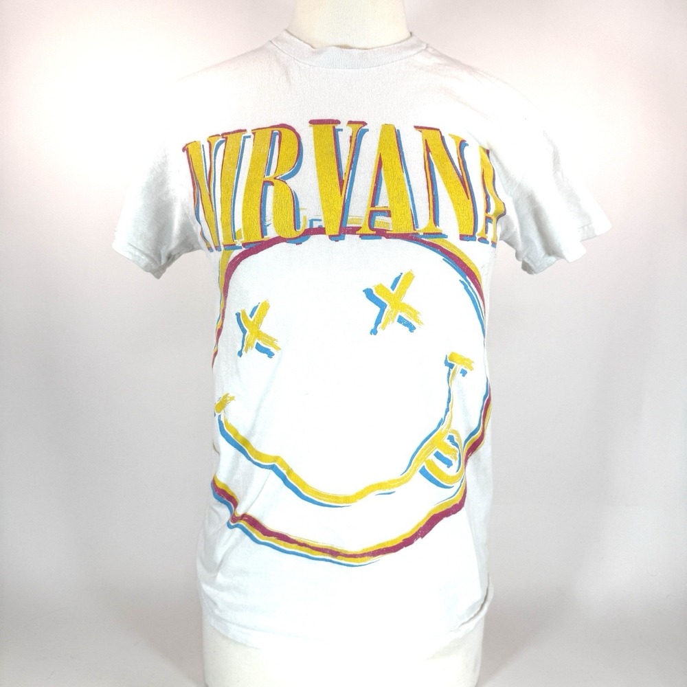 Nirvana Smiley Face‎ Graphic Tee Y2K Womens Small White Grunge Band Shirt